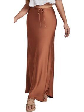 Satin Silky Maxi Skirt High Waist A-Line Mermaid Hem Drawstring Elegant Flow
